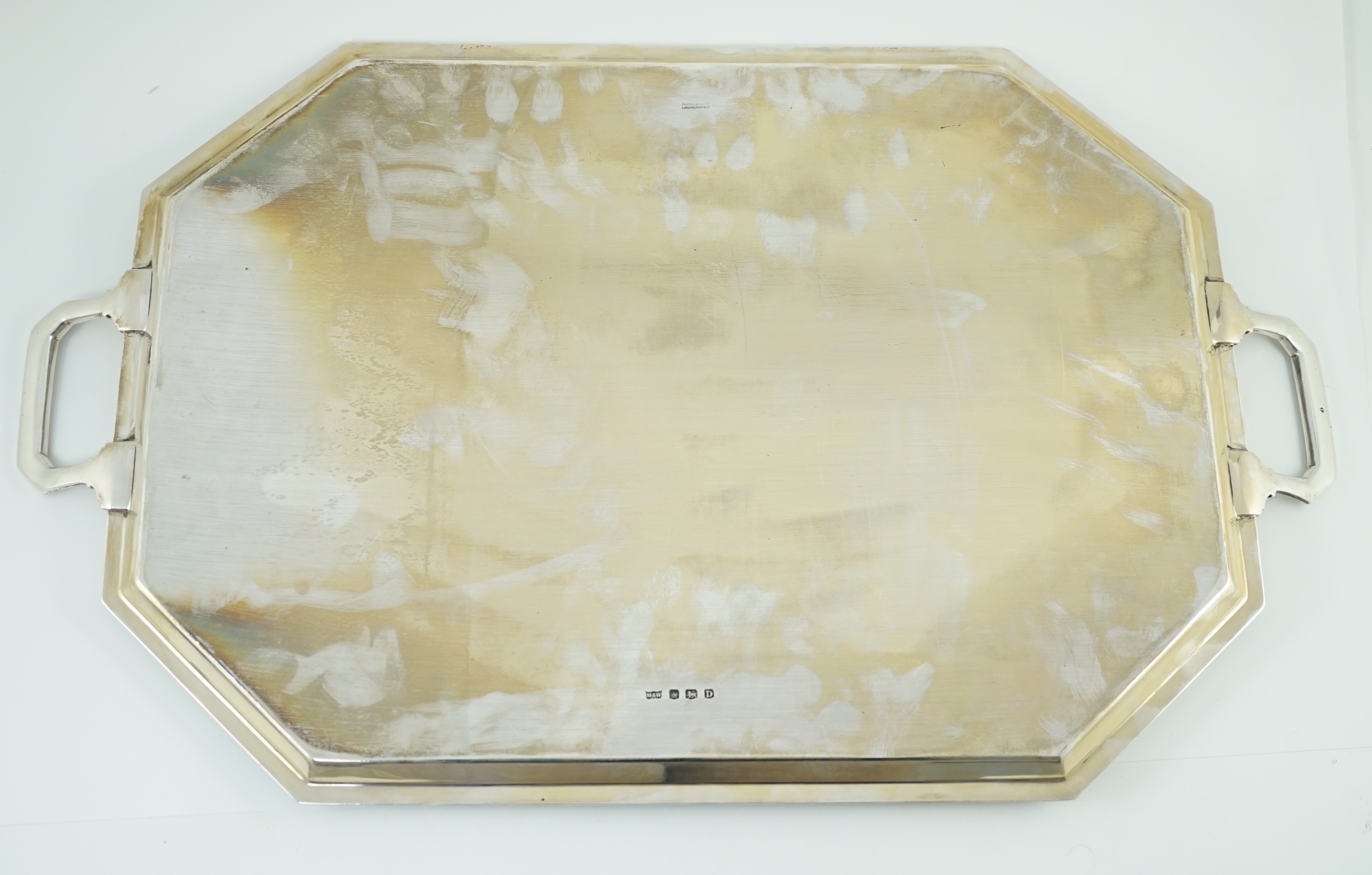 A George VI octagonal silver two handled tea tray, by Mappin & Webb